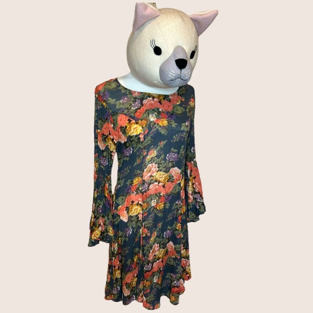 💐 VTG PAPILLION BLUE FLORAL BELL SLEEVE DRESS BOHO FLOWY MEDIUM